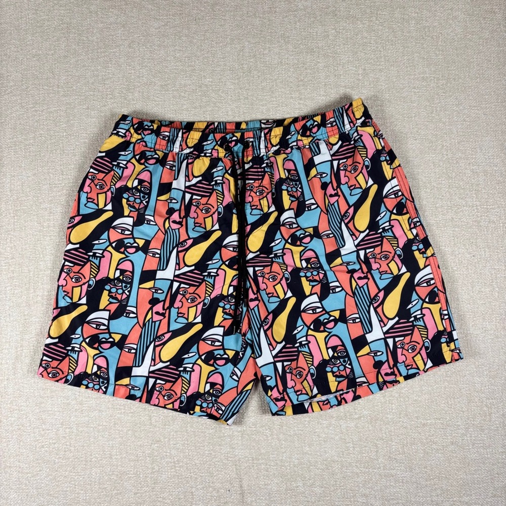 Pampling Mens Abstract Cubist Face Print Swim Trunks Lined Board Shorts Large